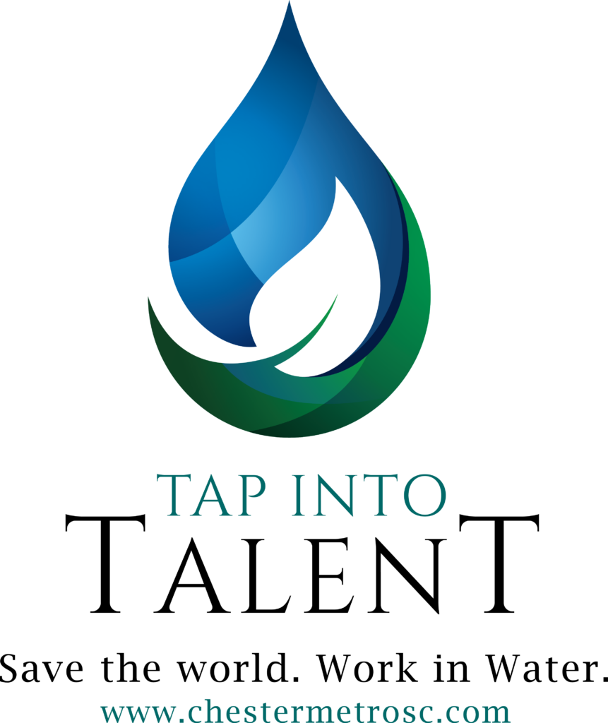 TapIntoTalent Tap into Talent logo. A geometric blue and green water drop with the words Tap Into Talent underneath. A tagline below says "Save the world. Work in Water." Beneath that is www.chestermetrosc.com